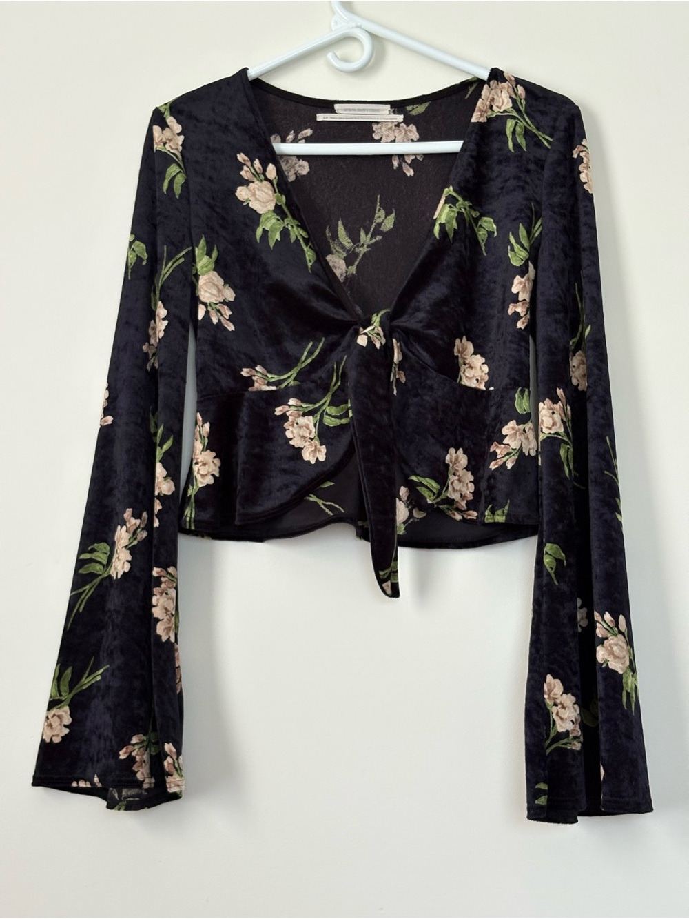 Urban Outfitters Y2K Boho Black Floral Velvet Tie Front Bell Sleeve Top S